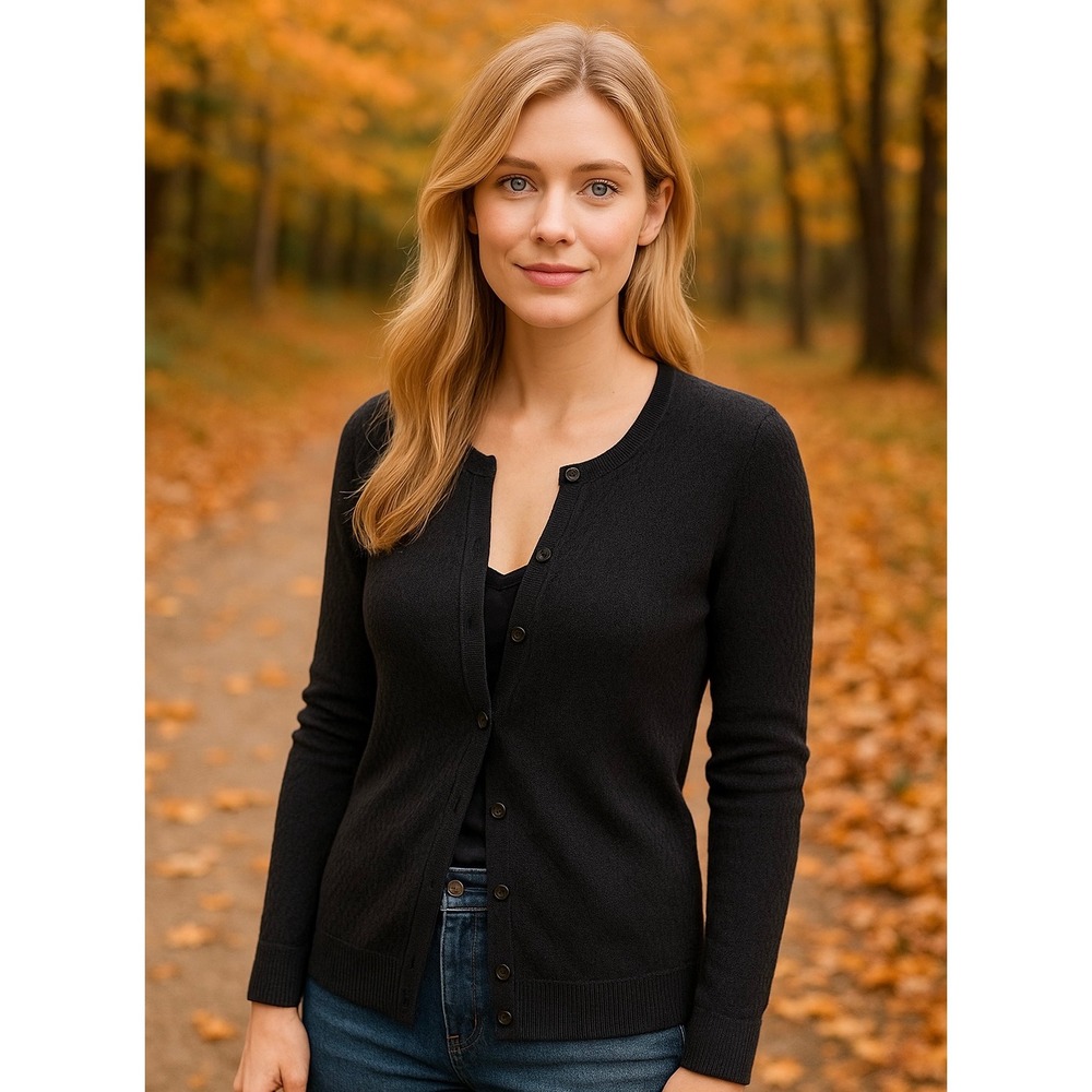 🍂 Talbots Black Textured Button Front Cardigan Sweater Women's XS